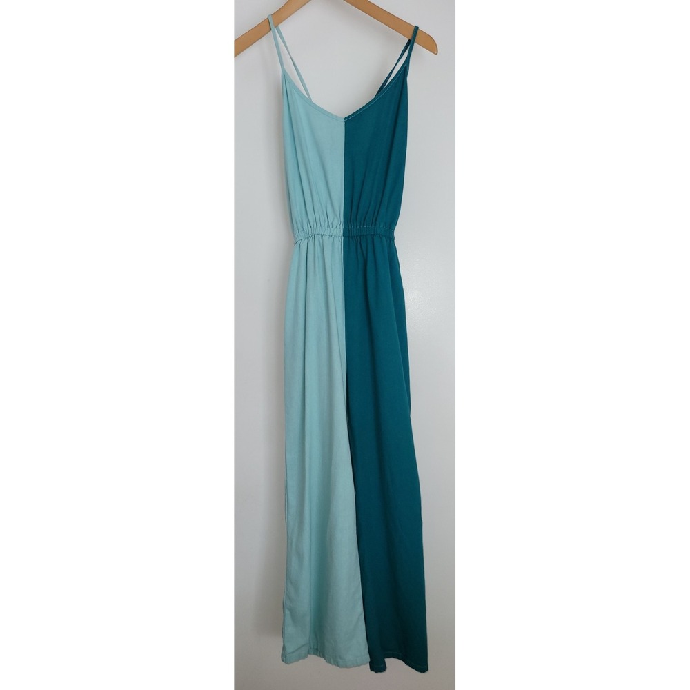AMADI Two Tone Teal Colorblock Romper Size S Rayon Linen Blend Casual Jumpsuit